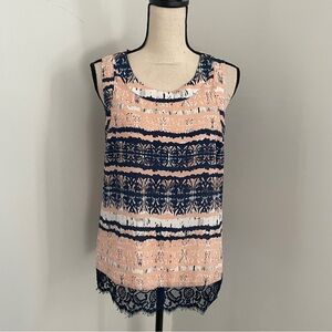 a.n.a Patterned Sleeveless Lace Trim Blouse Medium Navy‎ Peach Watercolor Shirt